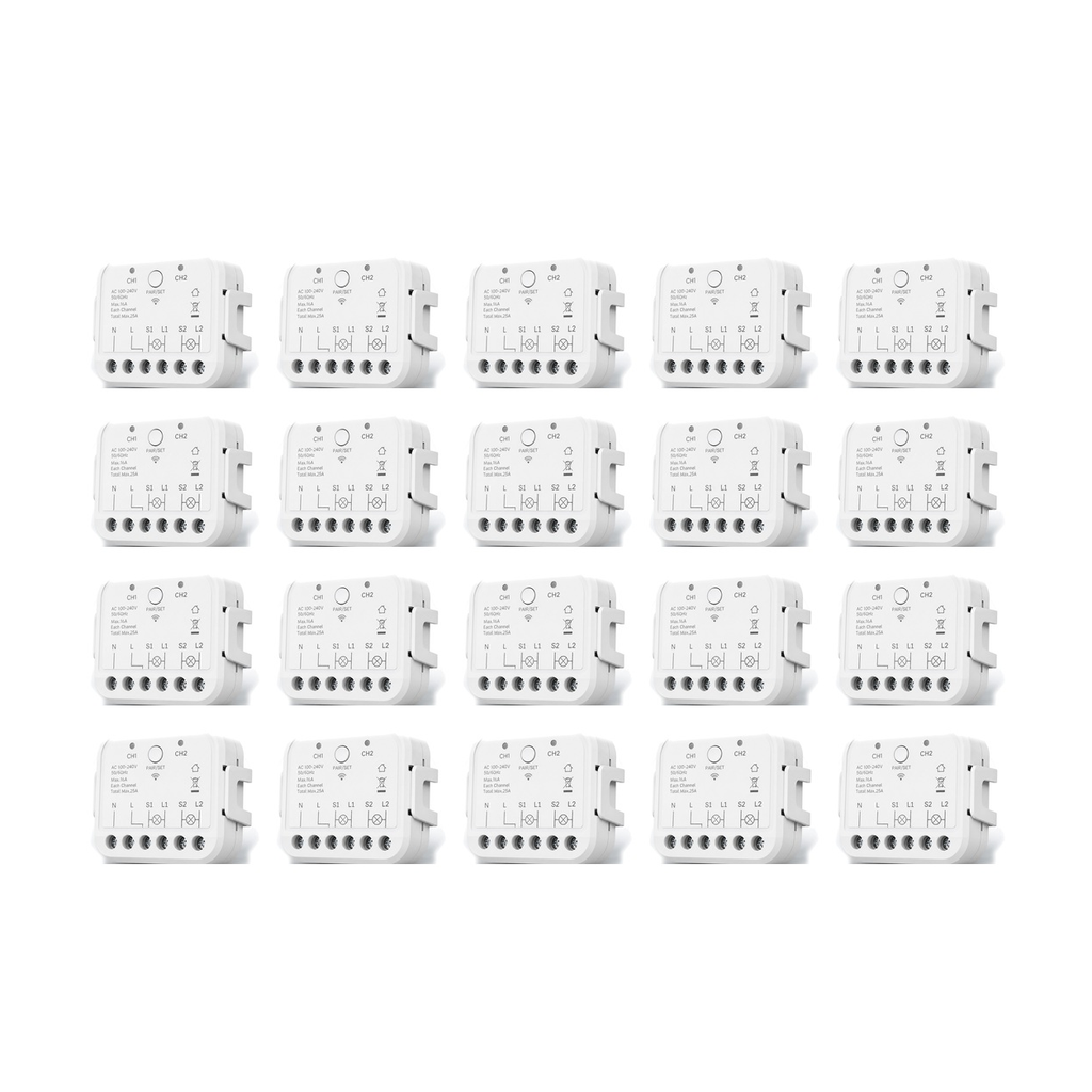 Lot de 20 modules Wi-Fi double commande NéoRelay Dual Lite Pro sur fond blanc