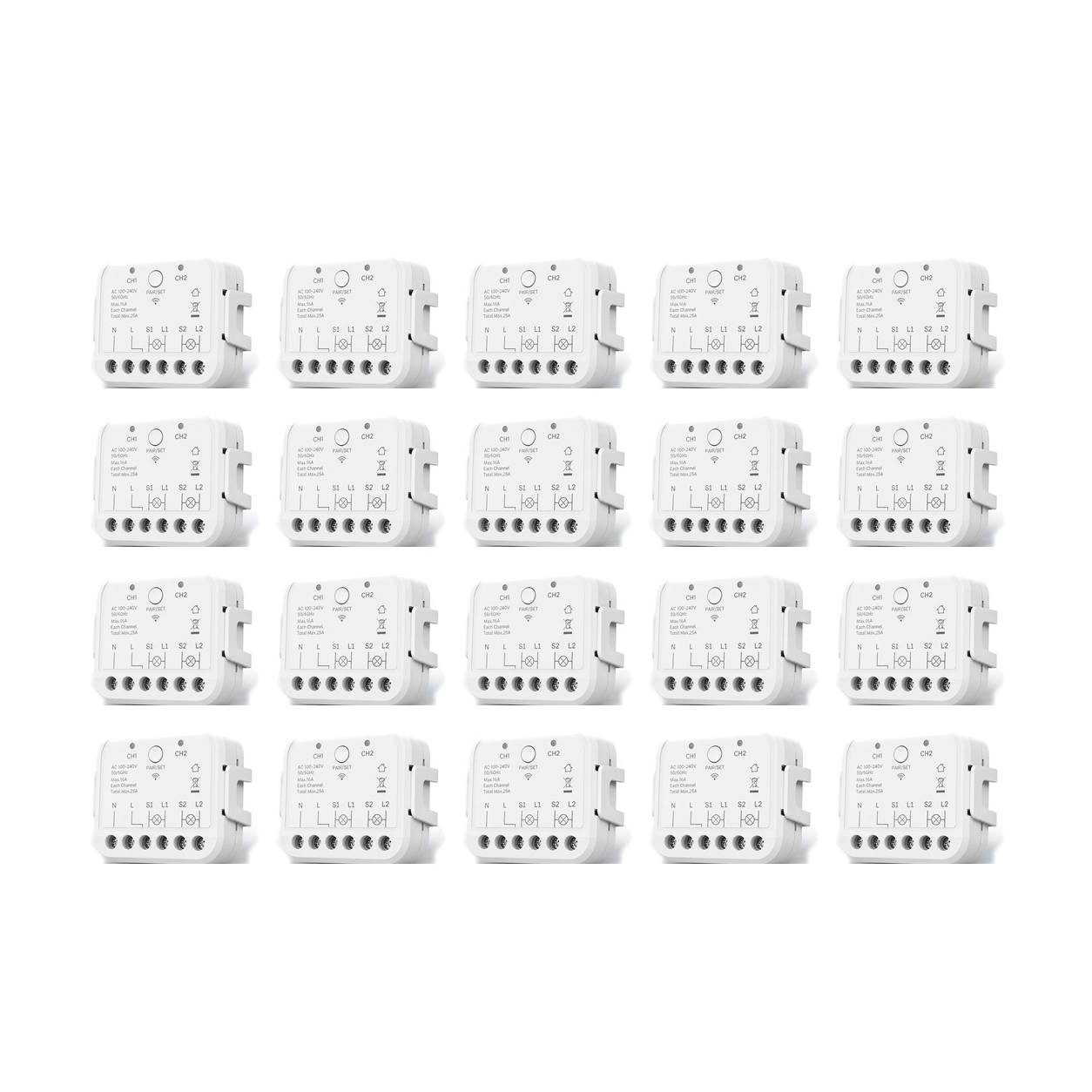 Lot de 20 modules Wi-Fi double commande NéoRelay Dual Lite Pro sur fond blanc