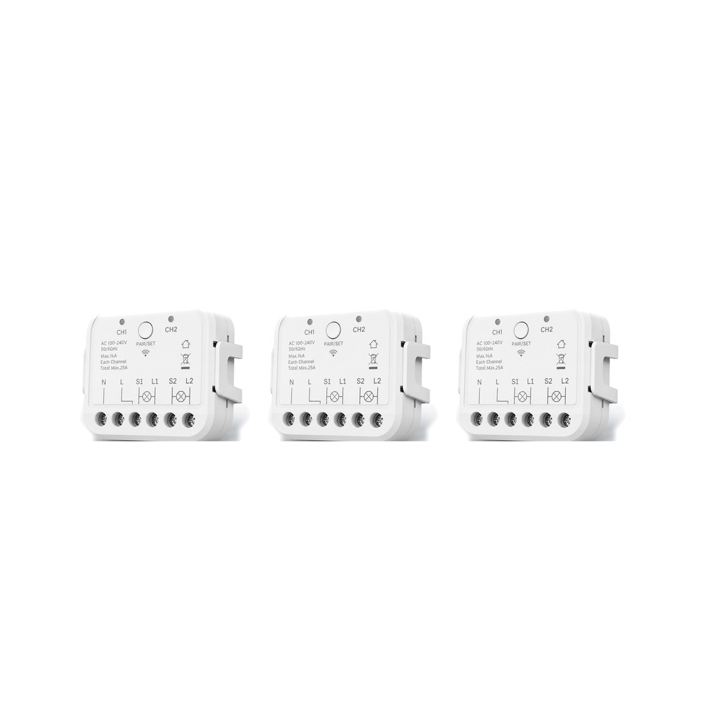 Lot de 3 modules Wi-Fi double commande NéoRelay Dual Lite Pro sur fond blanc