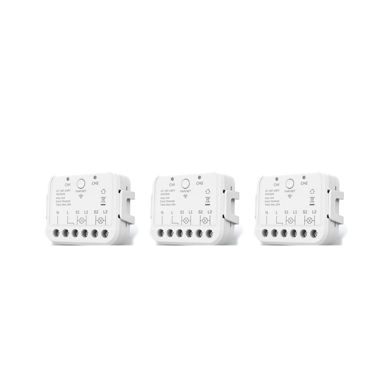 Lot de 3 modules Wi-Fi double commande NéoRelay Dual Lite Pro sur fond blanc