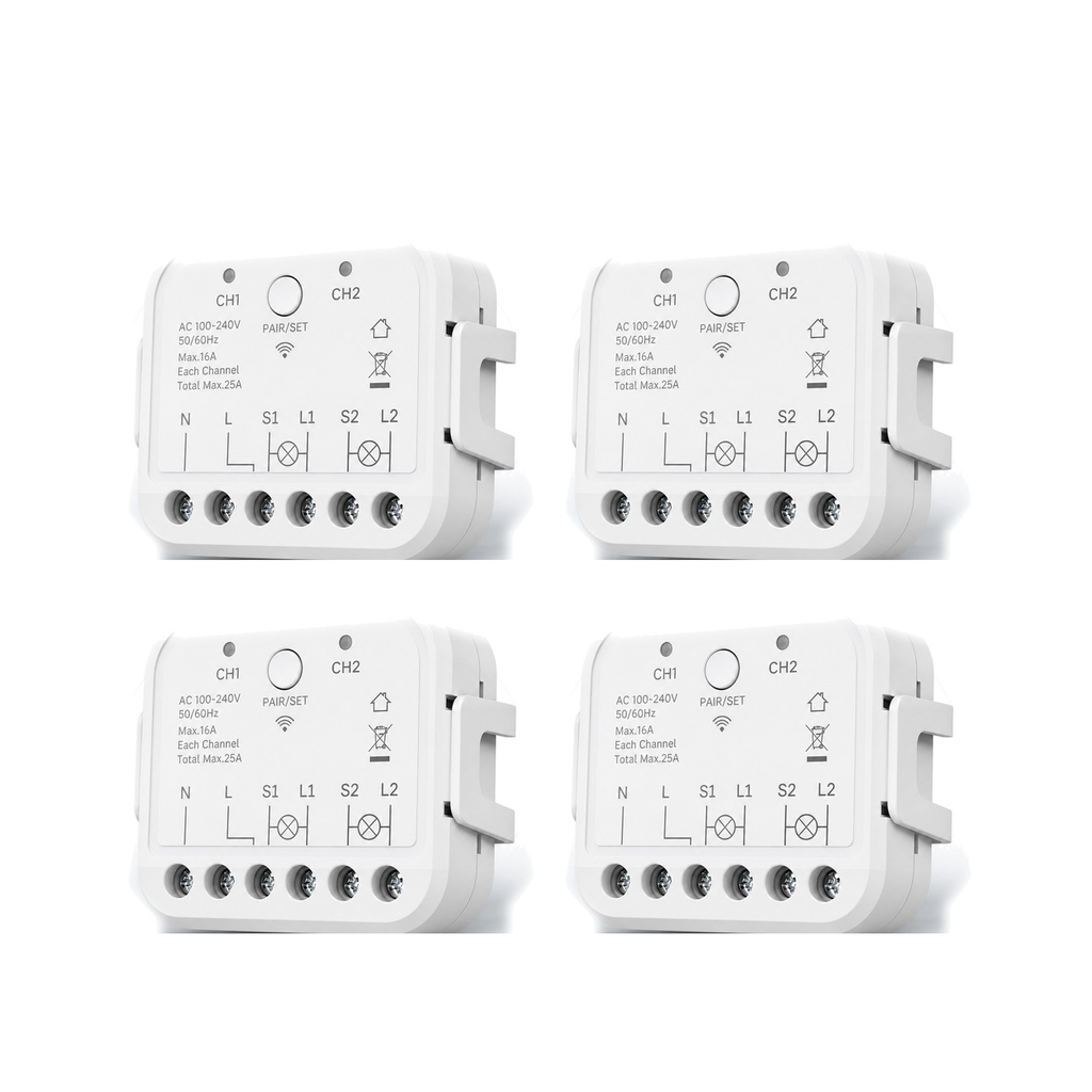 Lot de 4 modules Wi-Fi double commande NéoRelay Dual Lite Pro sur fond blanc