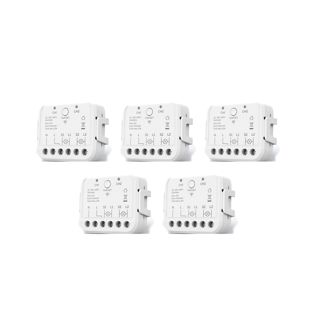 Lot de 5 modules Wi-Fi double commande NéoRelay Dual Lite Pro sur fond blanc