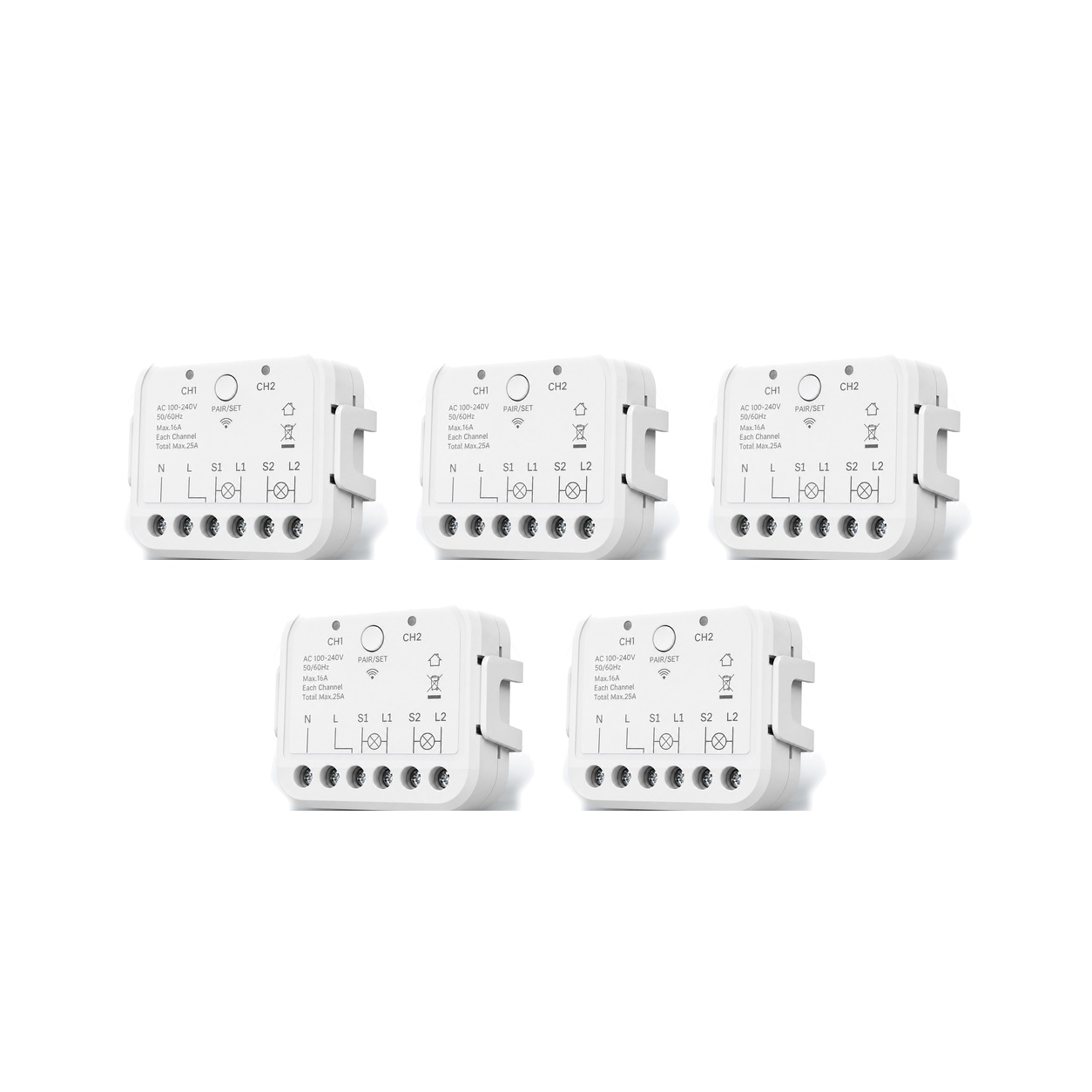 Lot de 5 modules Wi-Fi double commande NéoRelay Dual Lite Pro sur fond blanc