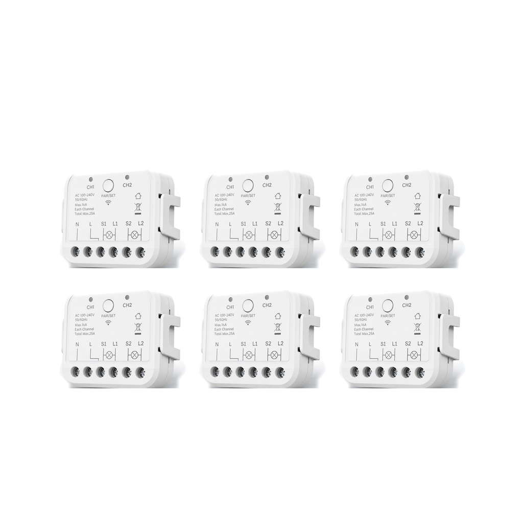 Lot de 6 modules Wi-Fi double commande NéoRelay Dual Lite Pro sur fond blanc