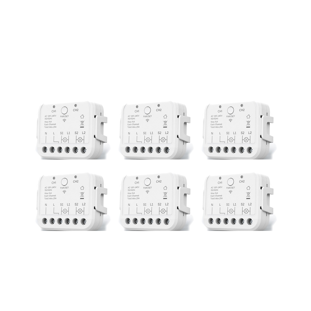 Lot de 6 modules Wi-Fi double commande NéoRelay Dual Lite Pro sur fond blanc