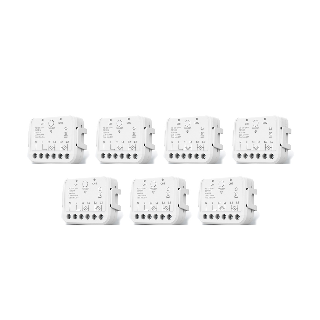Lot de 7 modules Wi-Fi double commande NéoRelay Dual Lite Pro sur fond blanc