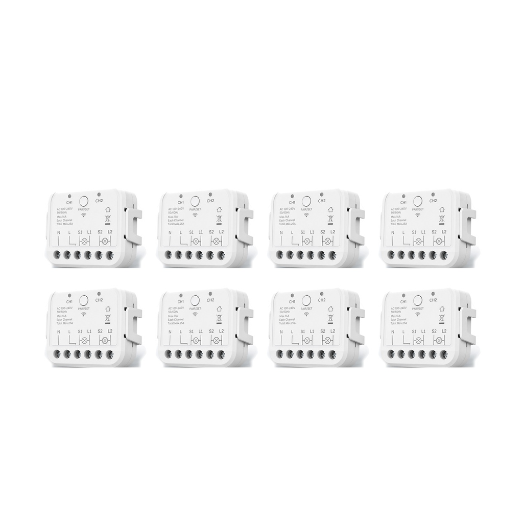 Lot de 8 modules Wi-Fi double commande NéoRelay Dual Lite Pro sur fond blanc