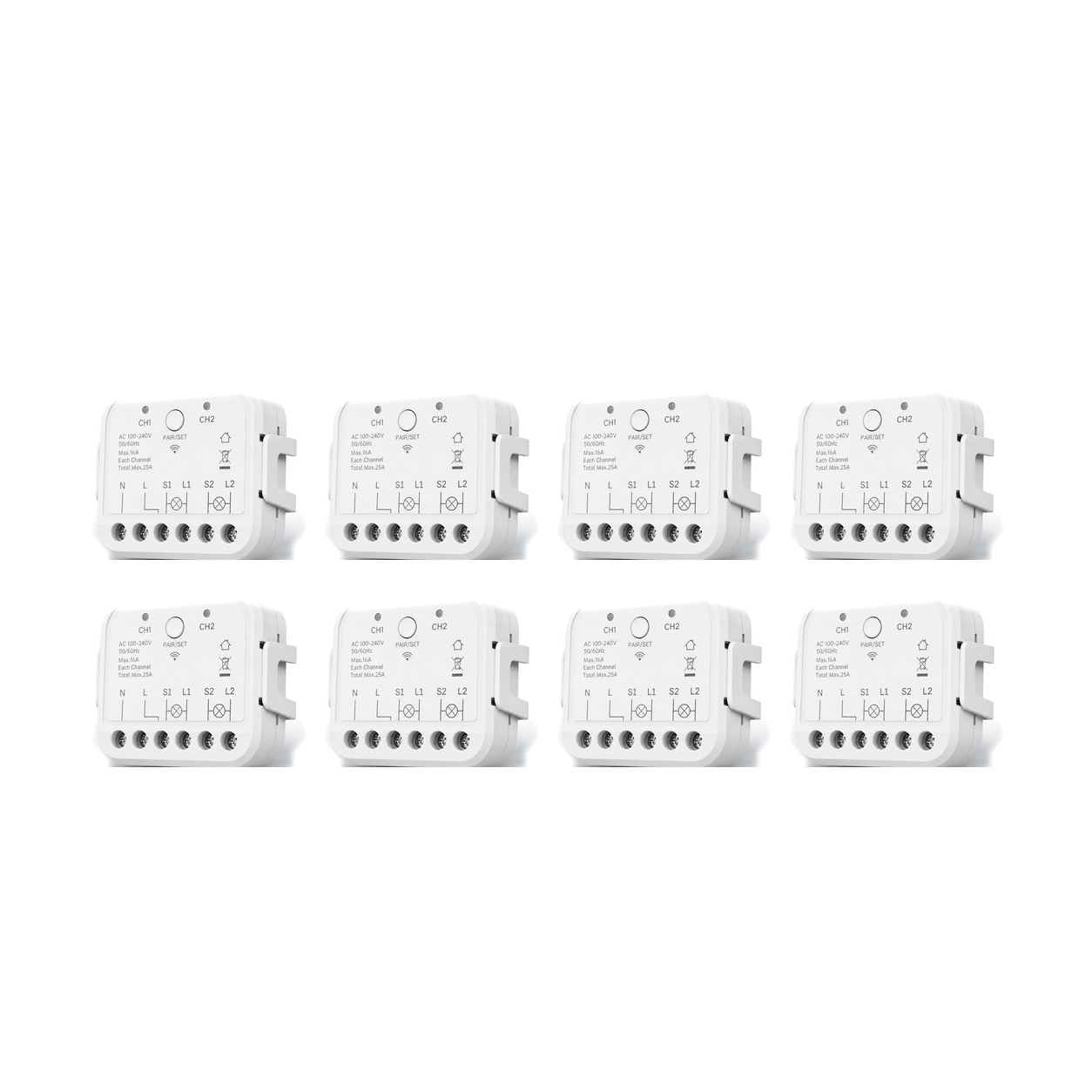 Lot de 8 modules Wi-Fi double commande NéoRelay Dual Lite Pro sur fond blanc
