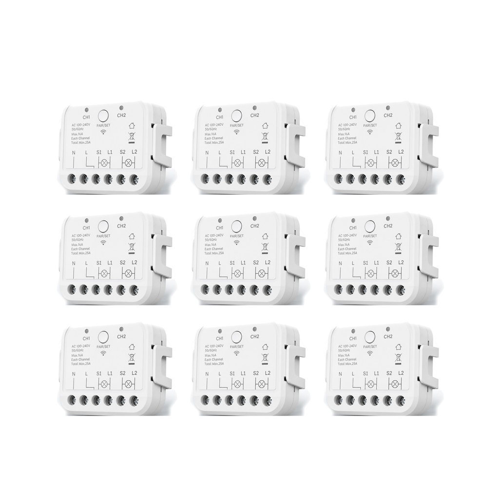 Lot de 9 modules Wi-Fi double commande NéoRelay Dual Lite Pro sur fond blanc