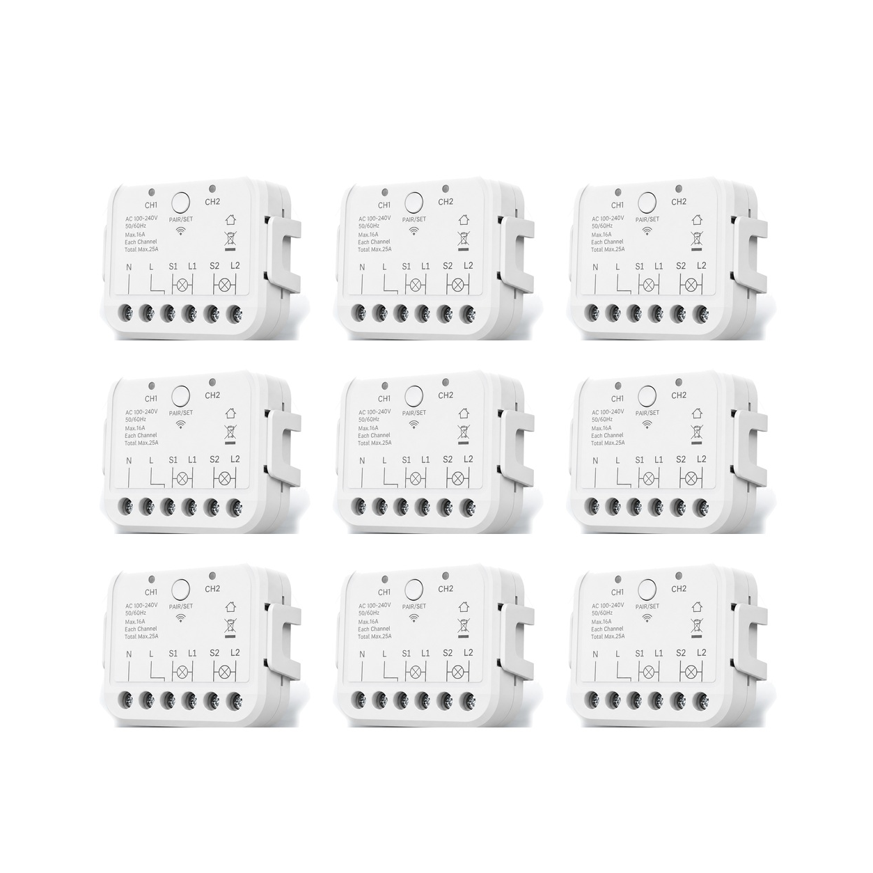 Lot de 9 modules Wi-Fi double commande NéoRelay Dual Lite Pro sur fond blanc