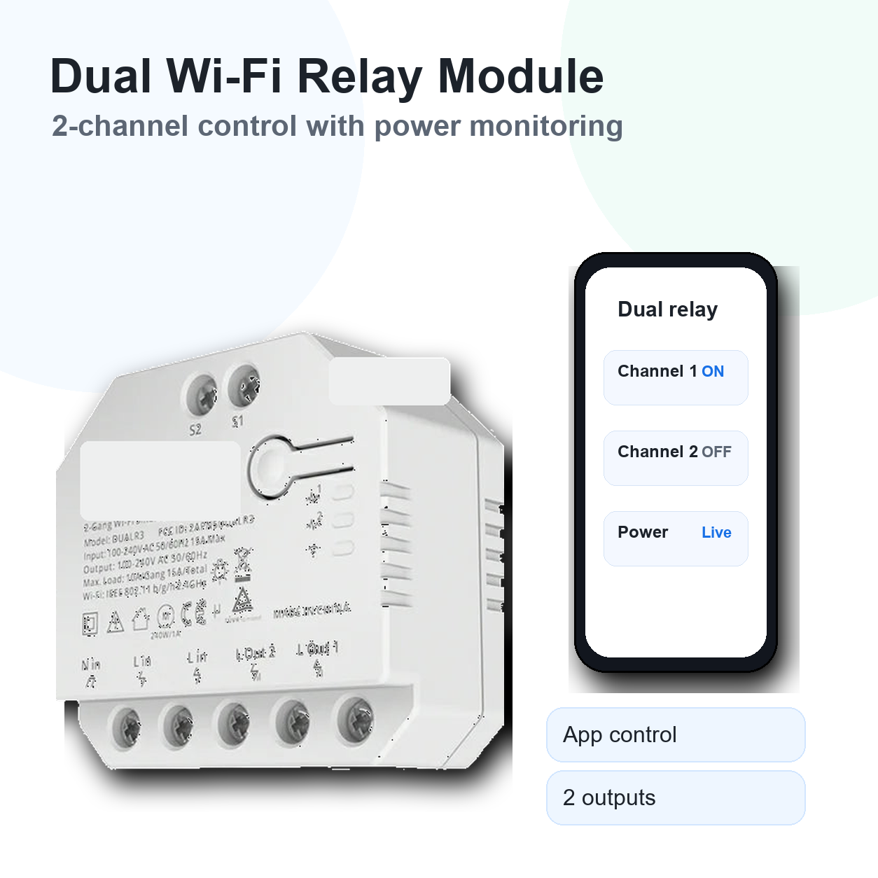 Studio product image of NéoRelay Dual R3 Pro dual Wi-Fi relay module with two outputs