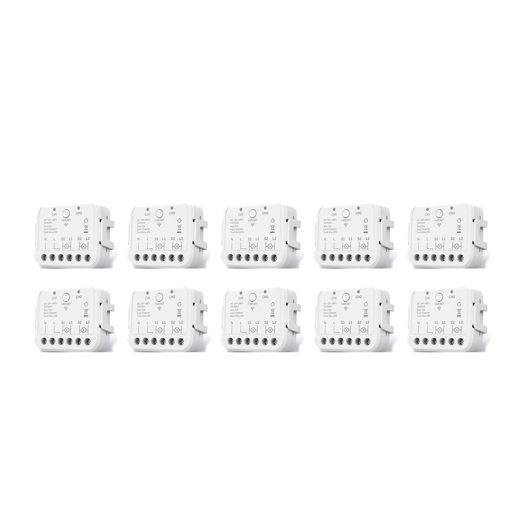 Lot de 10 modules Wi-Fi double commande NéoRelay Dual R3 Pro sur fond blanc