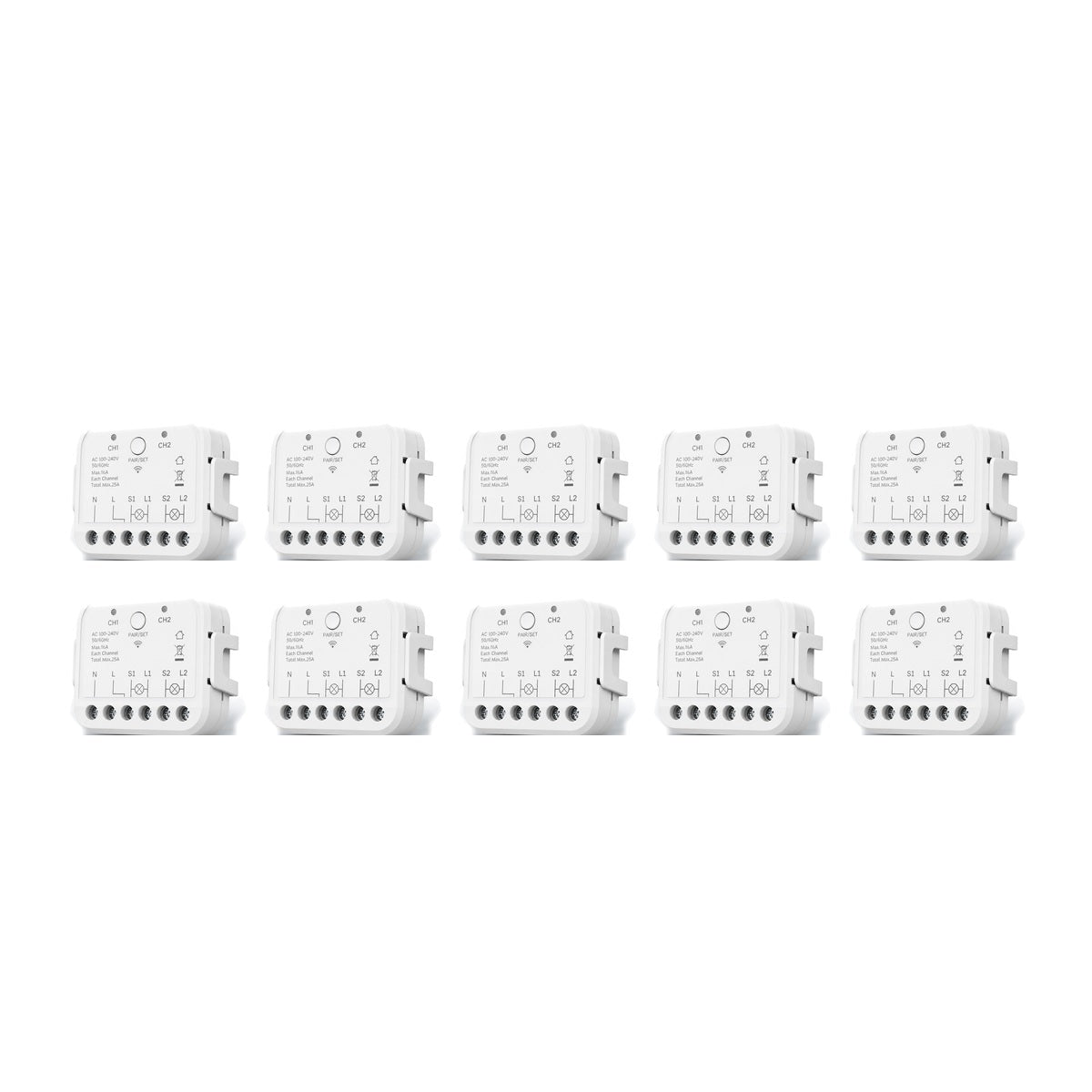 Lot de 10 modules Wi-Fi double commande NéoRelay Dual R3 Pro sur fond blanc