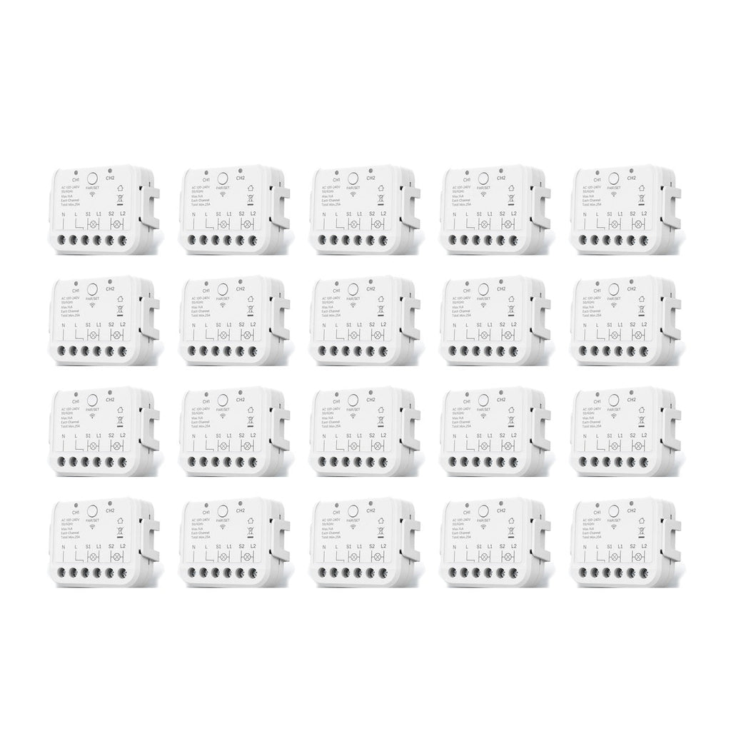Lot de 20 modules Wi-Fi double commande NéoRelay Dual R3 Pro sur fond blanc