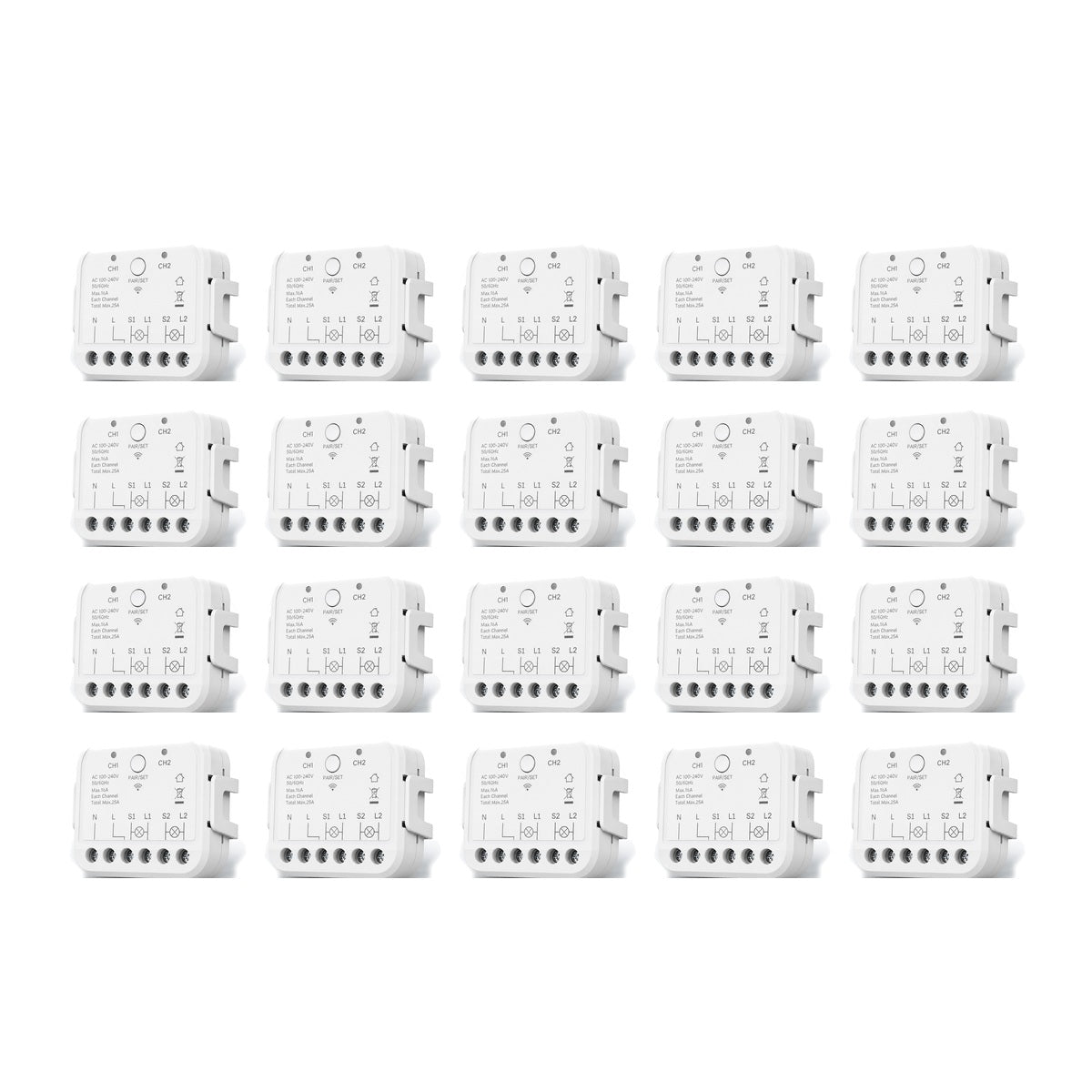Lot de 20 modules Wi-Fi double commande NéoRelay Dual R3 Pro sur fond blanc