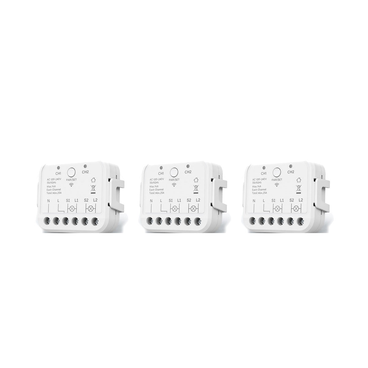 Lot de 3 modules Wi-Fi double commande NéoRelay Dual R3 Pro sur fond blanc