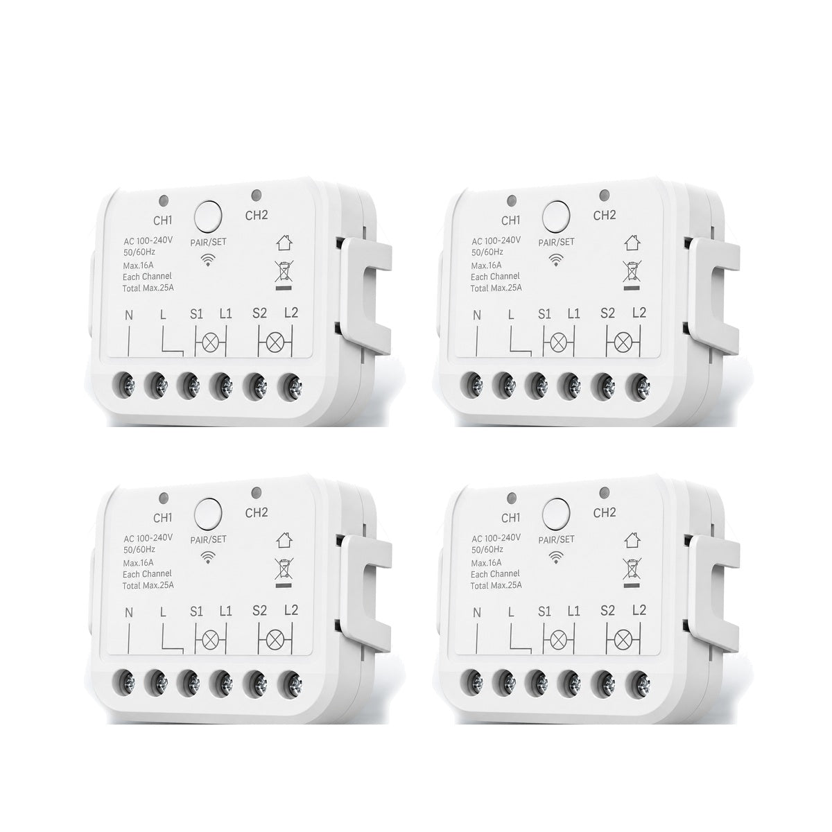 Lot de 4 modules Wi-Fi double commande NéoRelay Dual R3 Pro sur fond blanc