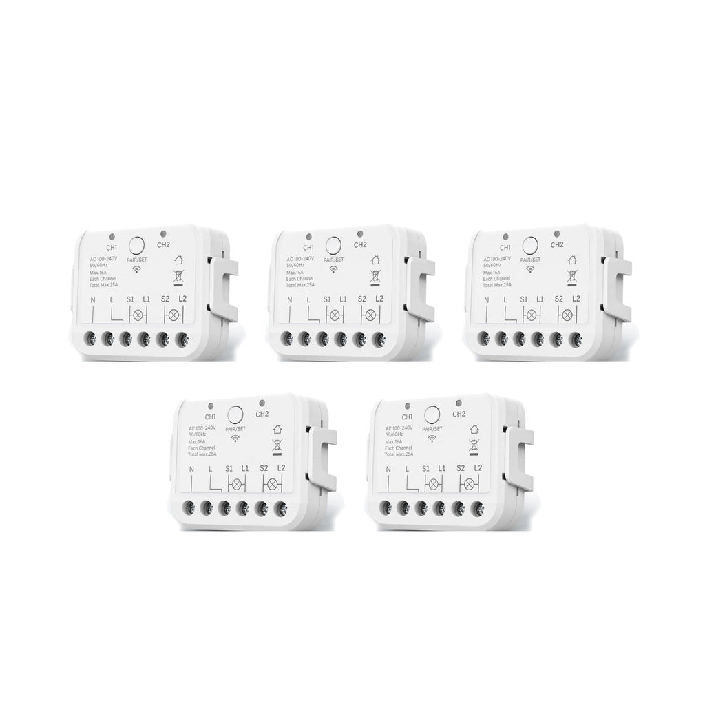 Lot de 5 modules Wi-Fi double commande NéoRelay Dual R3 Pro sur fond blanc