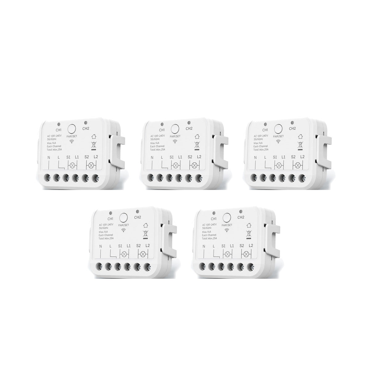 Lot de 5 modules Wi-Fi double commande NéoRelay Dual R3 Pro sur fond blanc