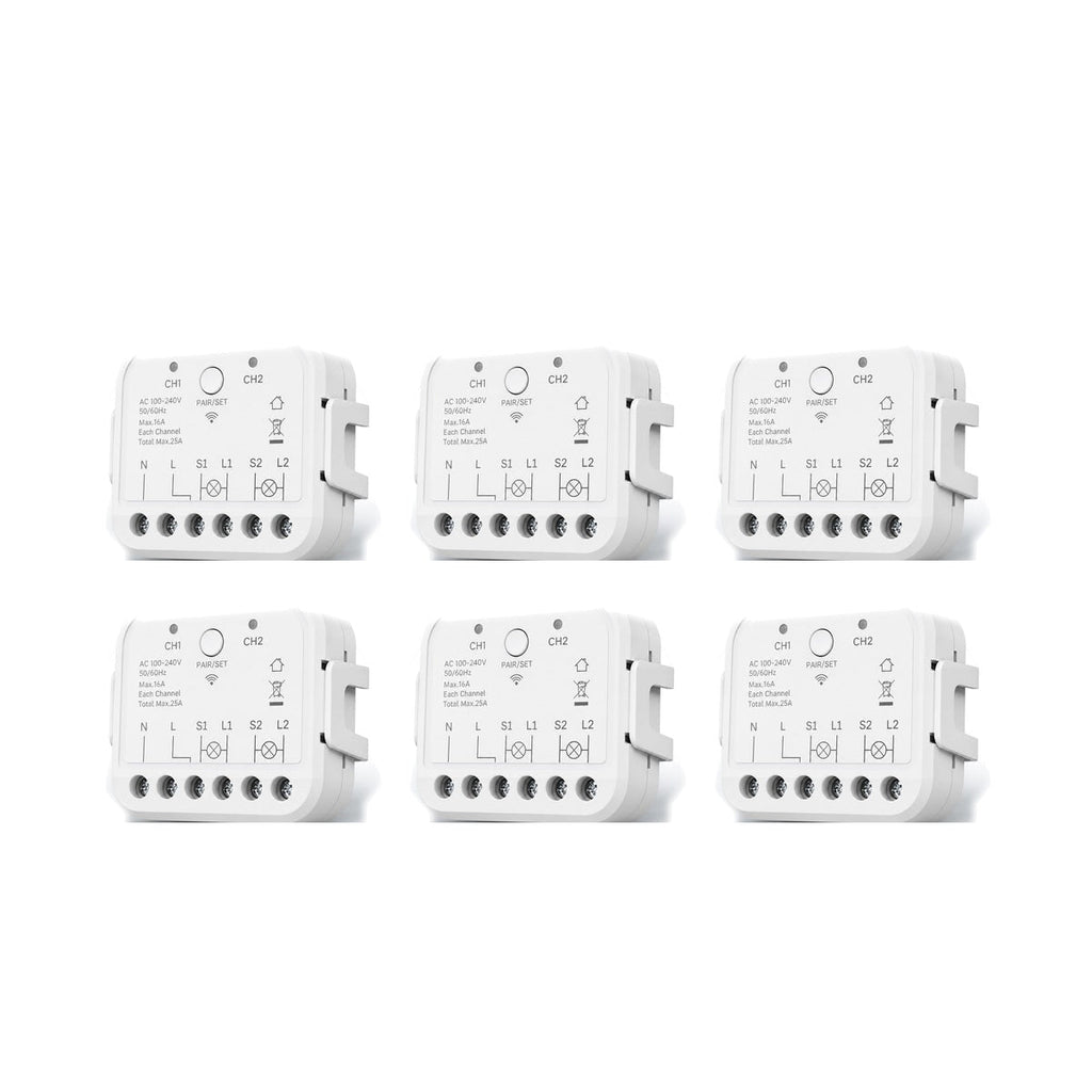 Lot de 6 modules Wi-Fi double commande NéoRelay Dual R3 Pro sur fond blanc