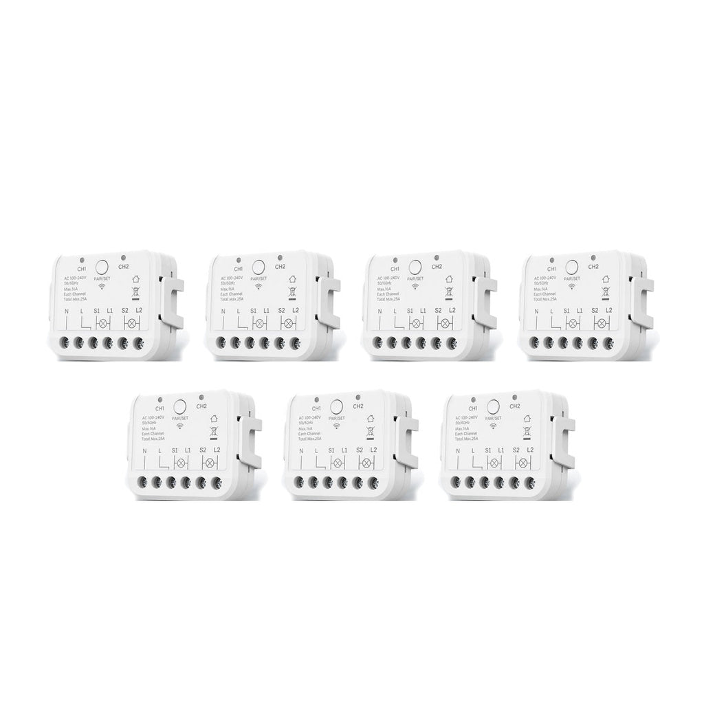 Lot de 7 modules Wi-Fi double commande NéoRelay Dual R3 Pro sur fond blanc
