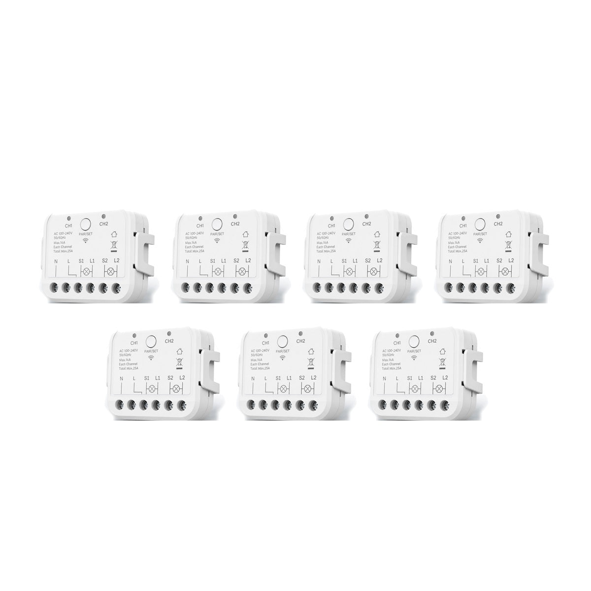 Lot de 7 modules Wi-Fi double commande NéoRelay Dual R3 Pro sur fond blanc