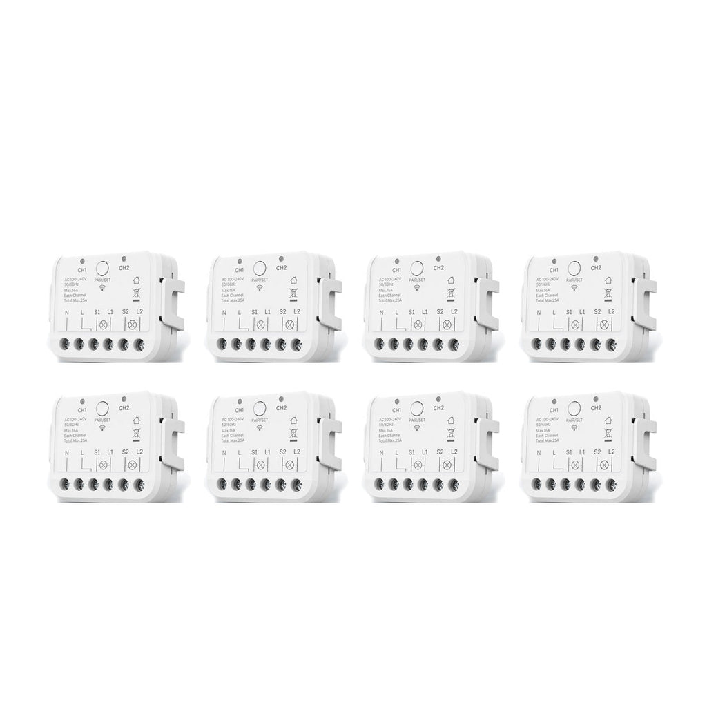 Lot de 8 modules Wi-Fi double commande NéoRelay Dual R3 Pro sur fond blanc