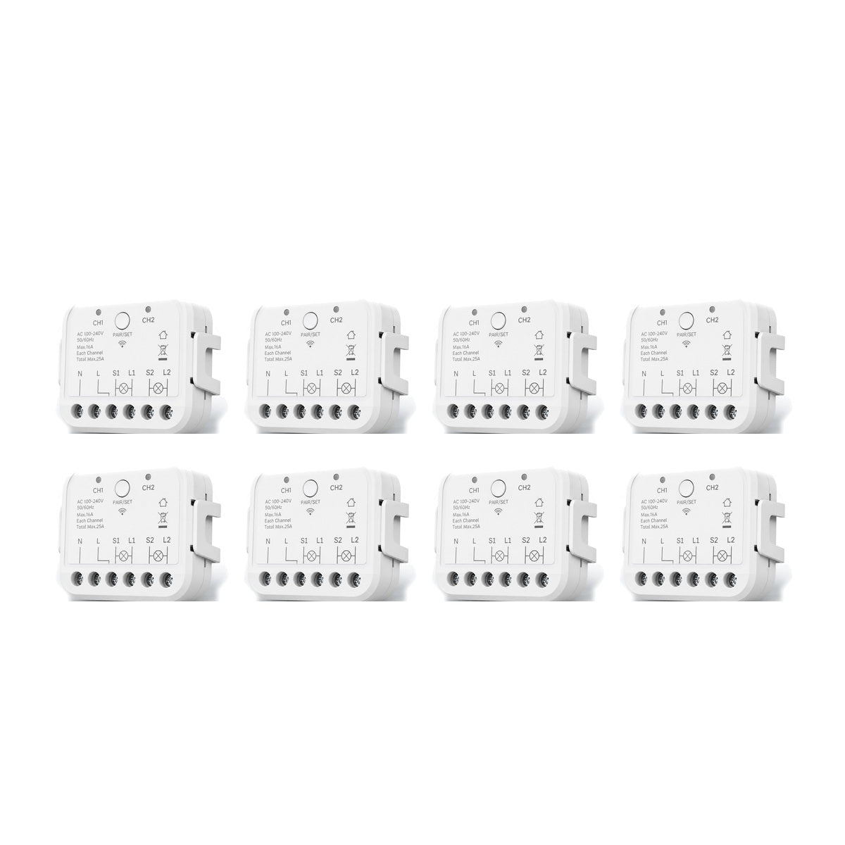 Lot de 8 modules Wi-Fi double commande NéoRelay Dual R3 Pro sur fond blanc