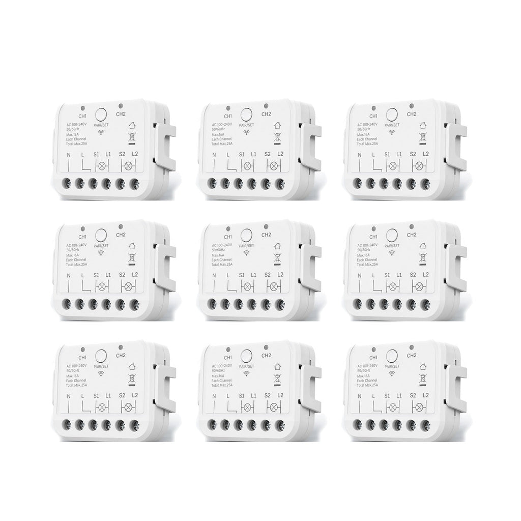 Lot de 9 modules Wi-Fi double commande NéoRelay Dual R3 Pro sur fond blanc