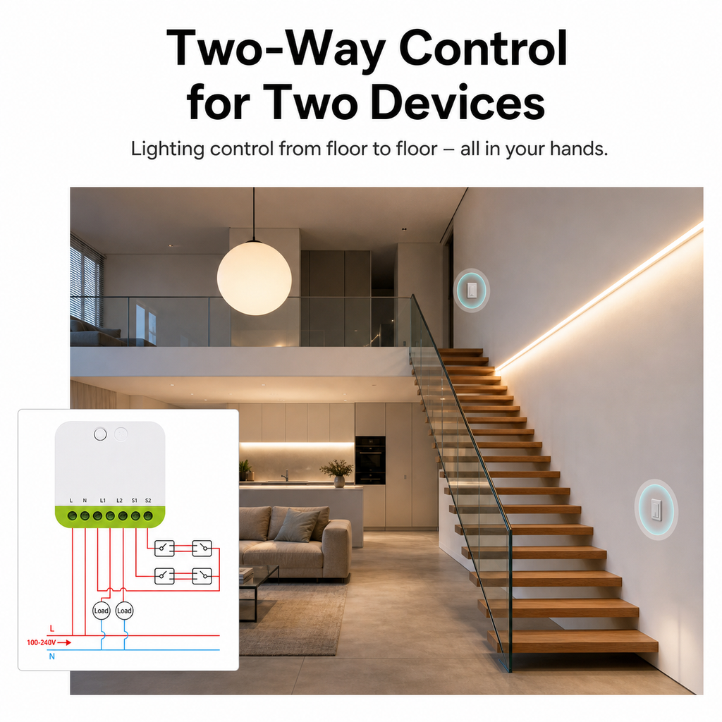 NéoRelay Duo-L ZigBee Pro two-way control for two devices wiring scene