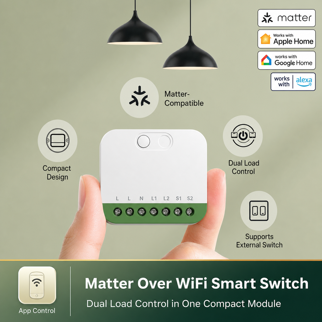 NéoRelay Duo Matter Pro hero image with Matter over WiFi smart switch and dual load control