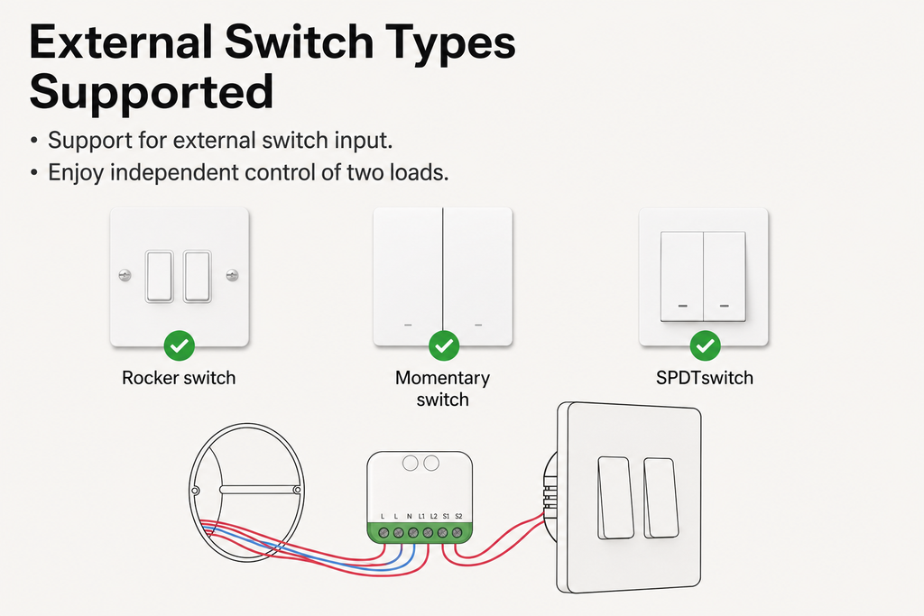 NéoRelay Duo Matter Pro external switch types and dual load wiring support diagram