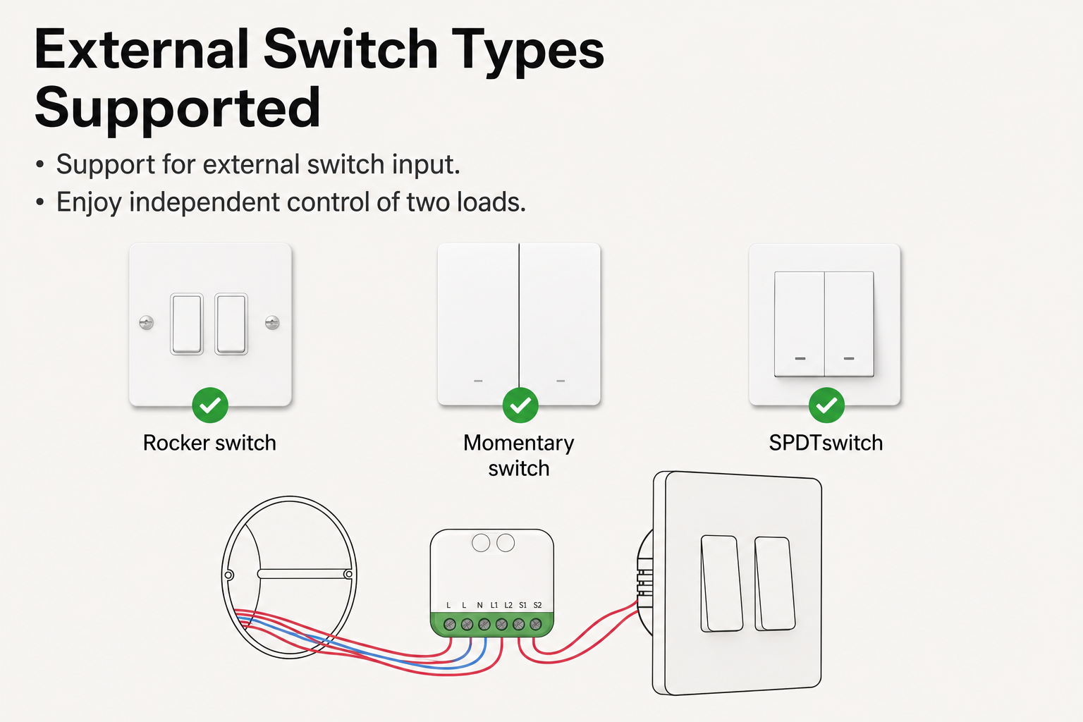 NéoRelay Duo Matter Pro external switch types and dual load wiring support diagram