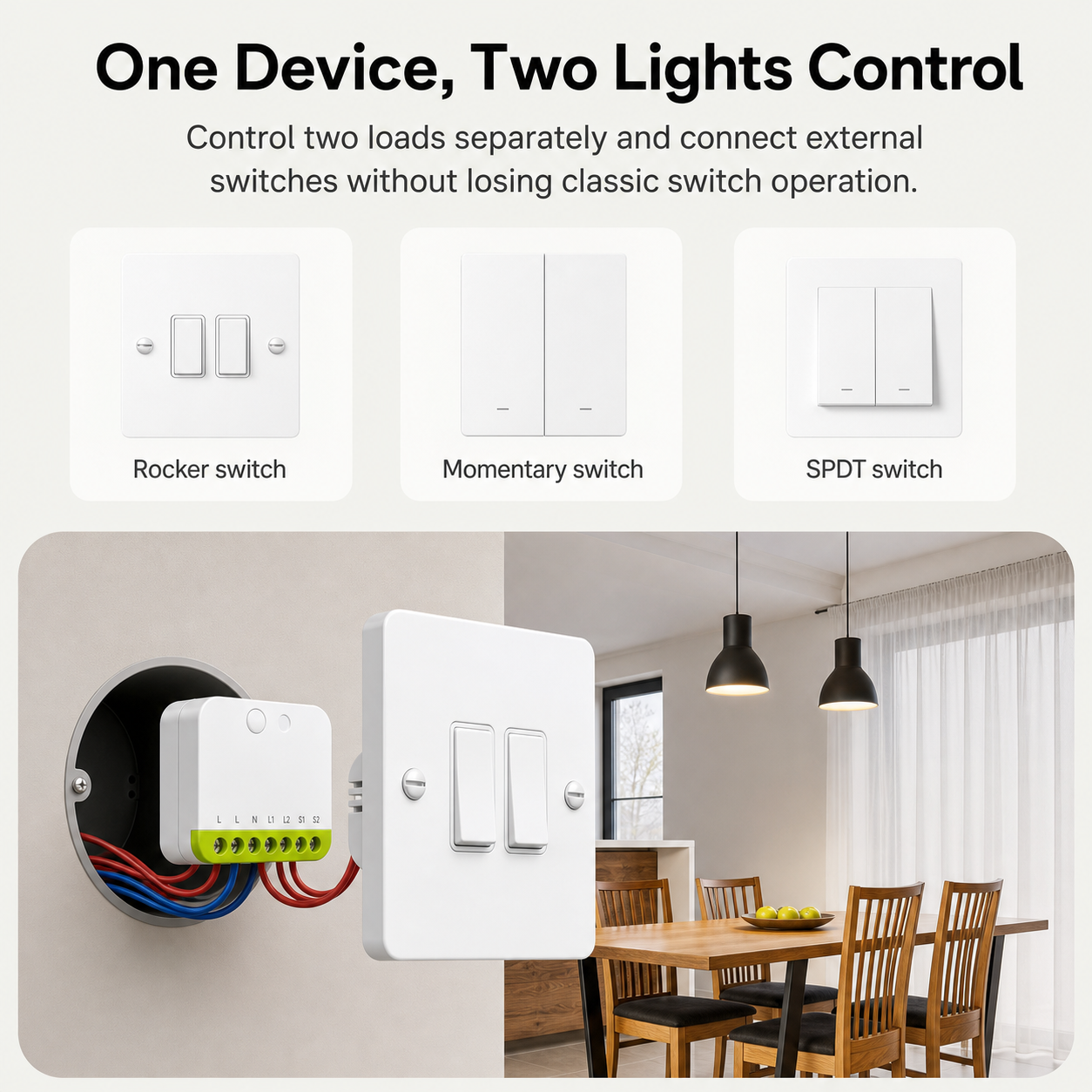 One device two lights control with external switch support