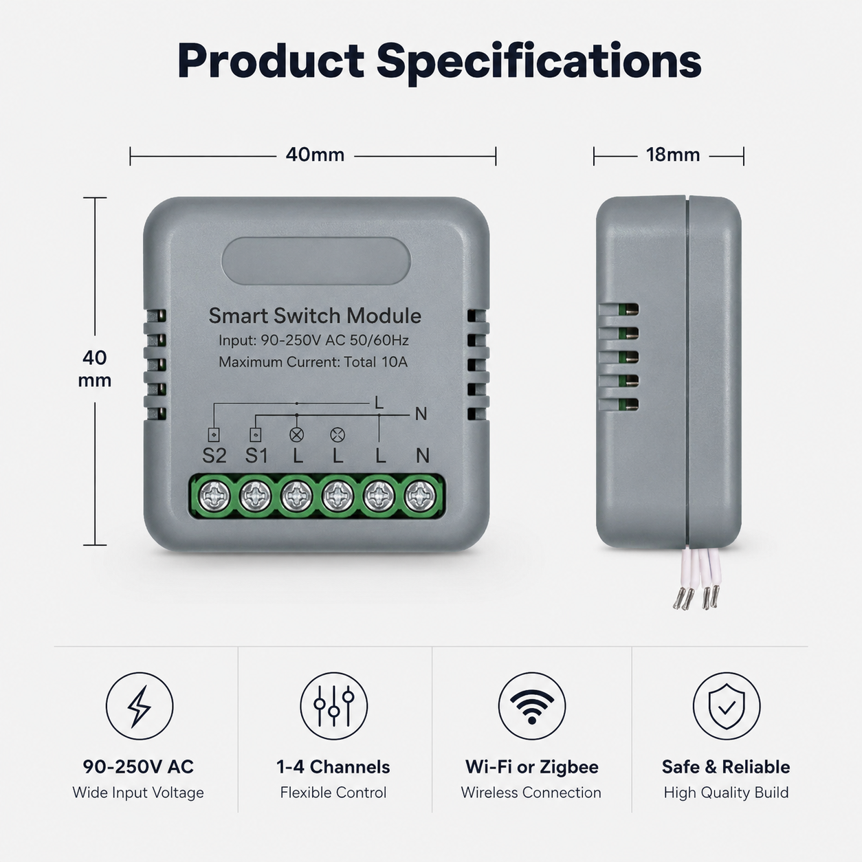 Dimension and specification details for mini smart relay module