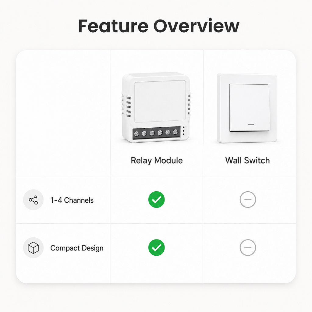 Feature comparison grid for 1 to 4 channel smart switch relay module