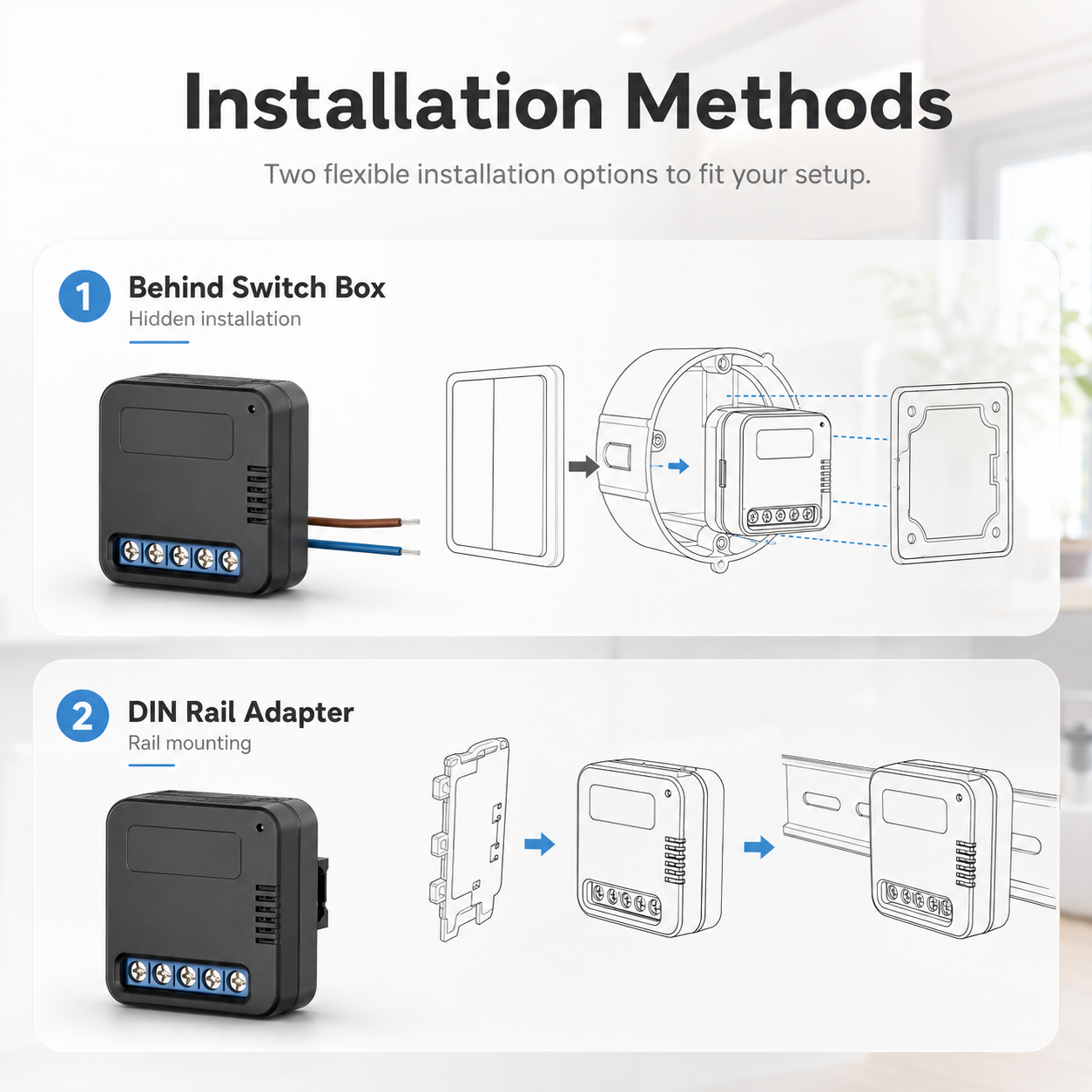 Installation methods for mini smart relay module behind switch or on DIN rail