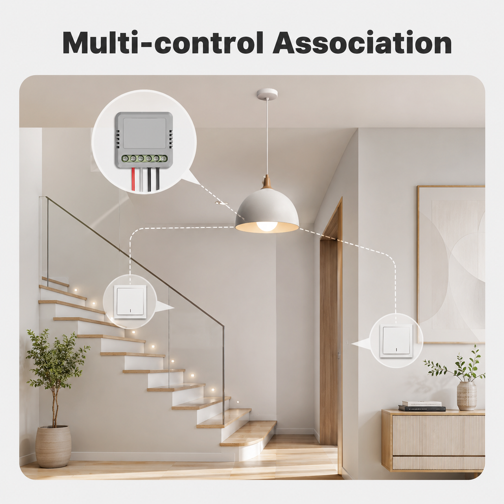Multi-control association between switches using mini smart relay modules