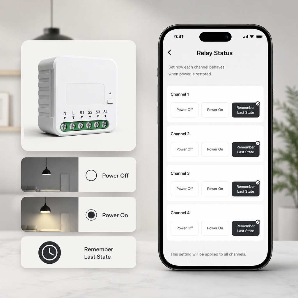 Relay status app controls for smart switch module