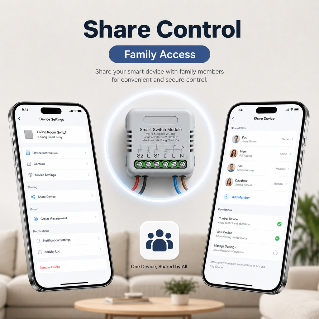 Share control app screens for mini smart switch relay module