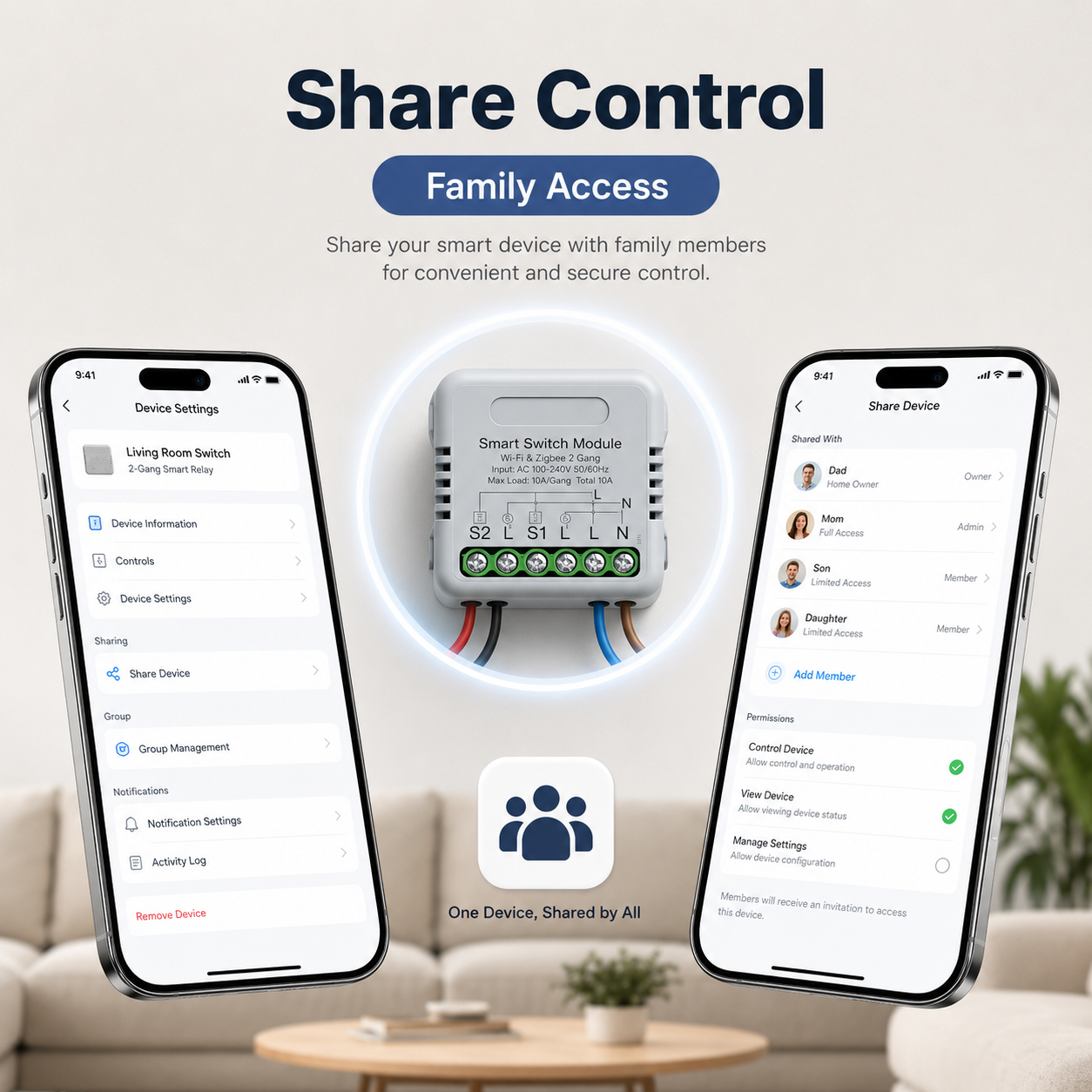 Share control app screens for mini smart switch relay module