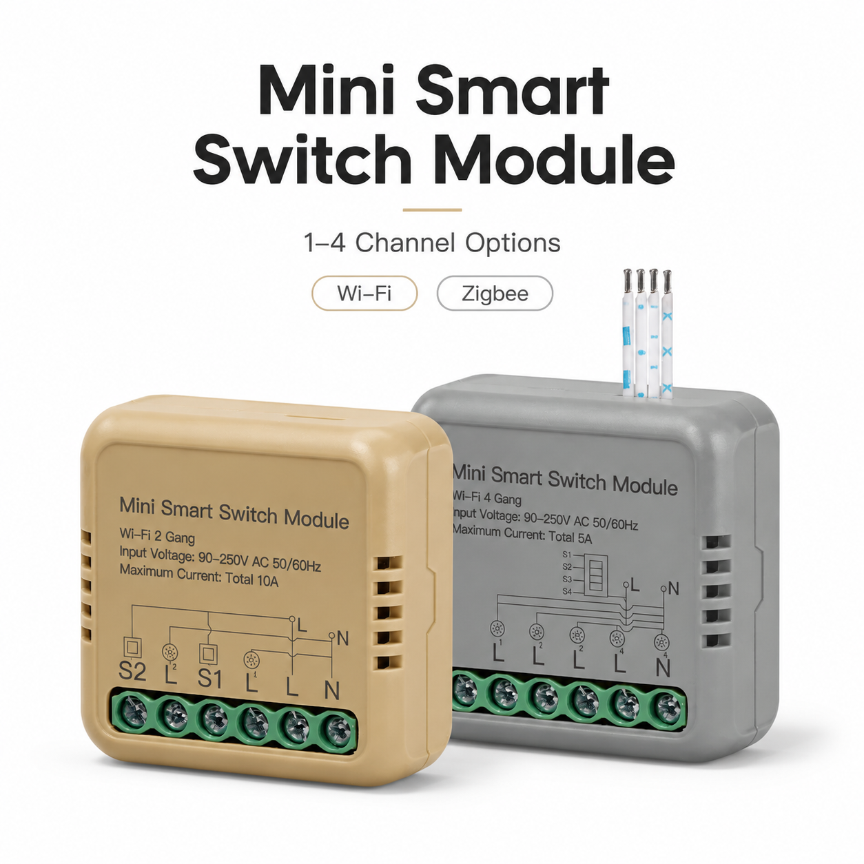 Studio packshot of Wi-Fi and Zigbee mini smart switch relay modules