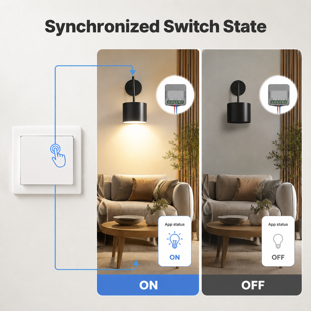Synchronized app and wall switch state for smart relay module