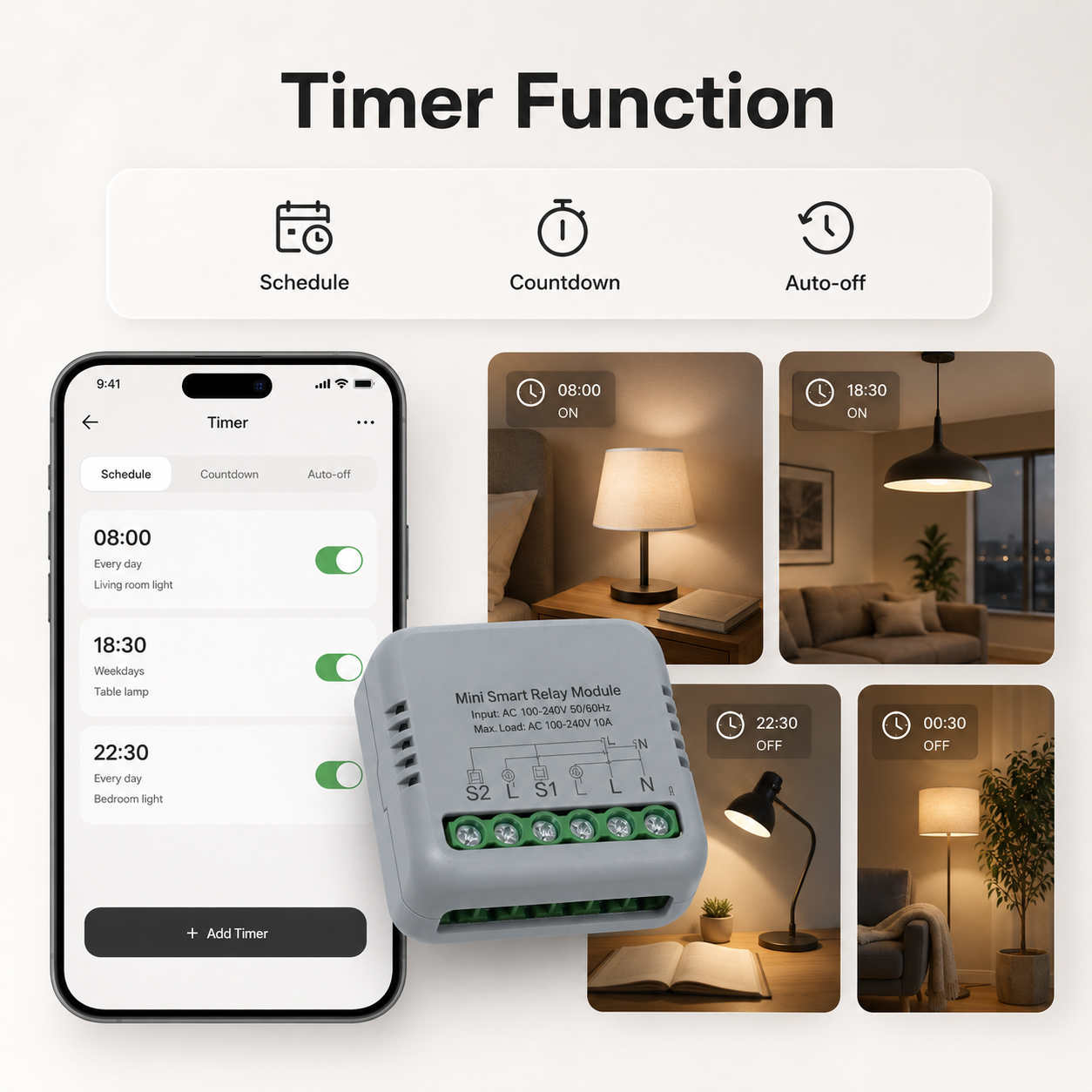 Timer function scenes for smart switch relay module