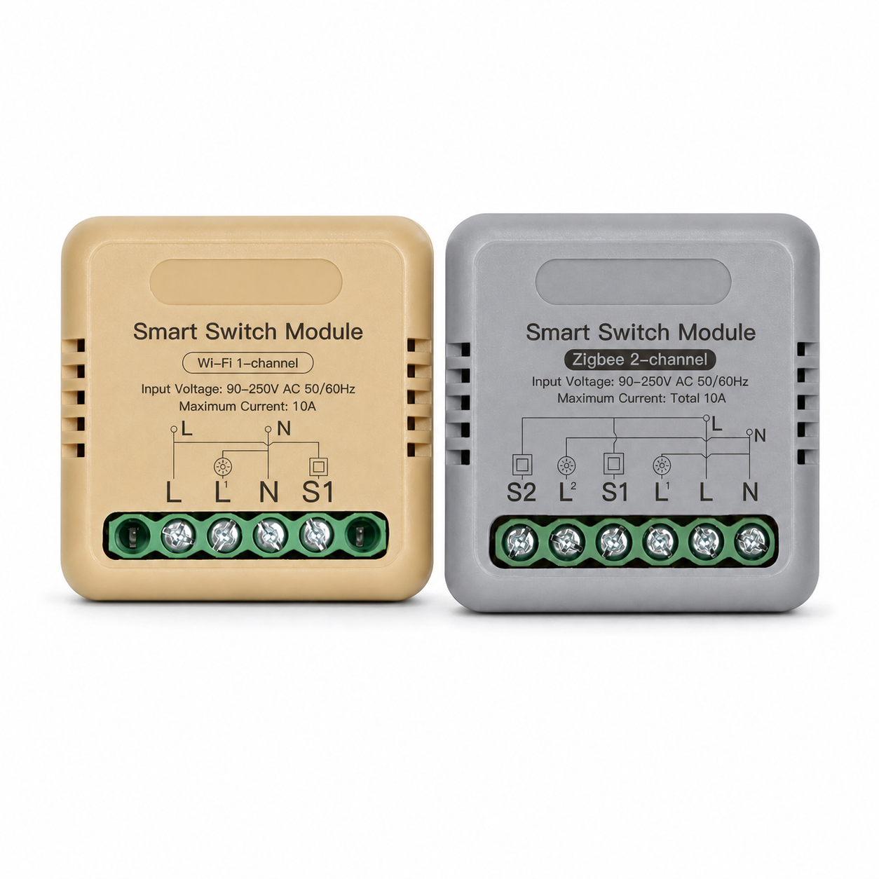 Modules relais compacts Wi-Fi et ZigBee NéoRelay Mini Comfort sur fond blanc