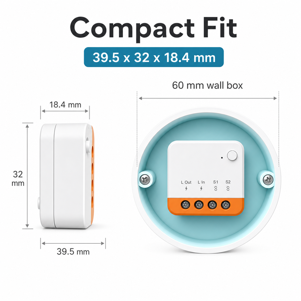 Compact fit dimensions for ZigBee no-neutral mini relay module