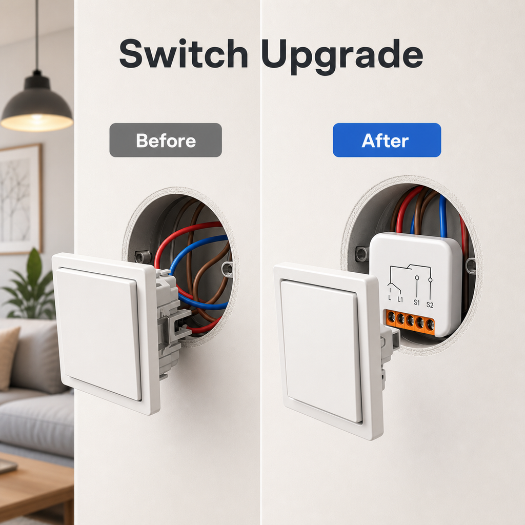 Before and after wall switch upgrade with no-neutral ZigBee relay