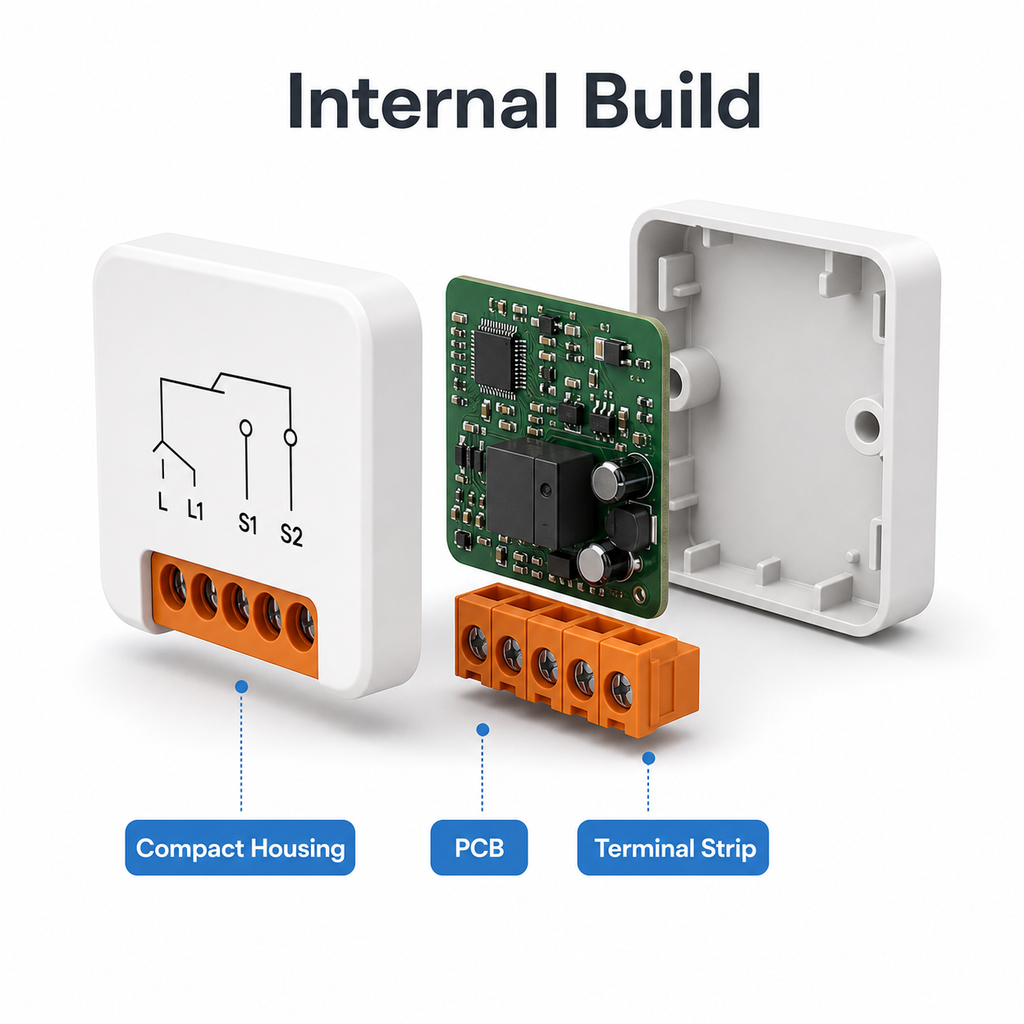 Exploded internal build view of ZigBee no-neutral mini relay