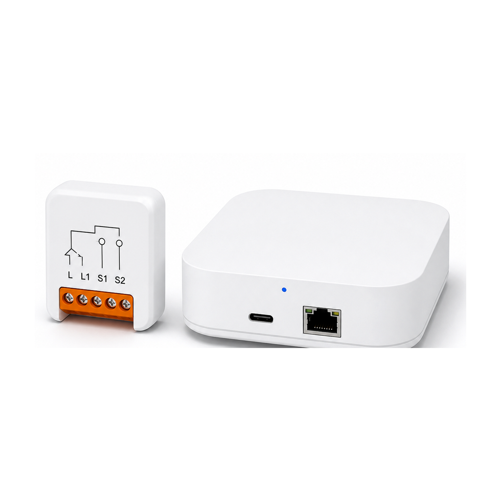 Kit NéoRelay Mini-L2 ZigBee Pro avec module sans neutre et passerelle sur fond blanc