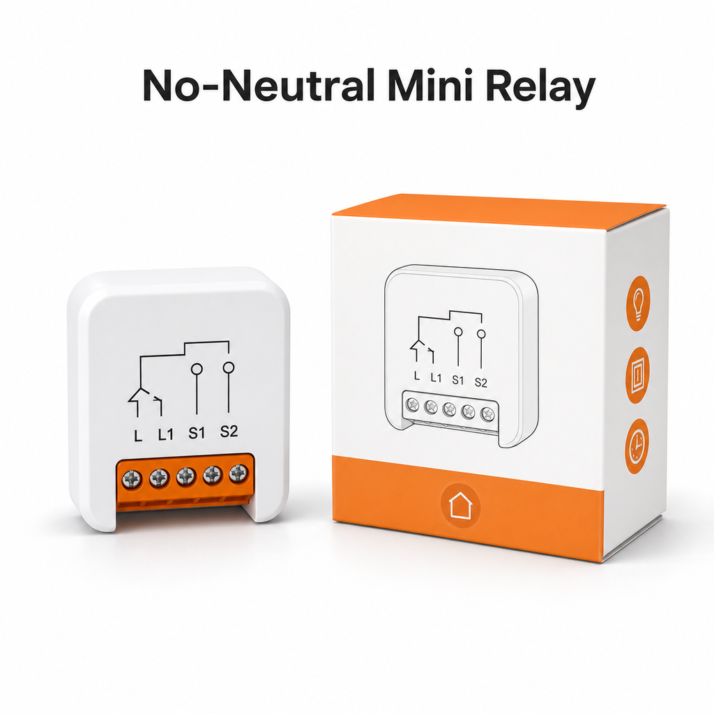 Studio packshot of no-neutral mini relay module with retail box